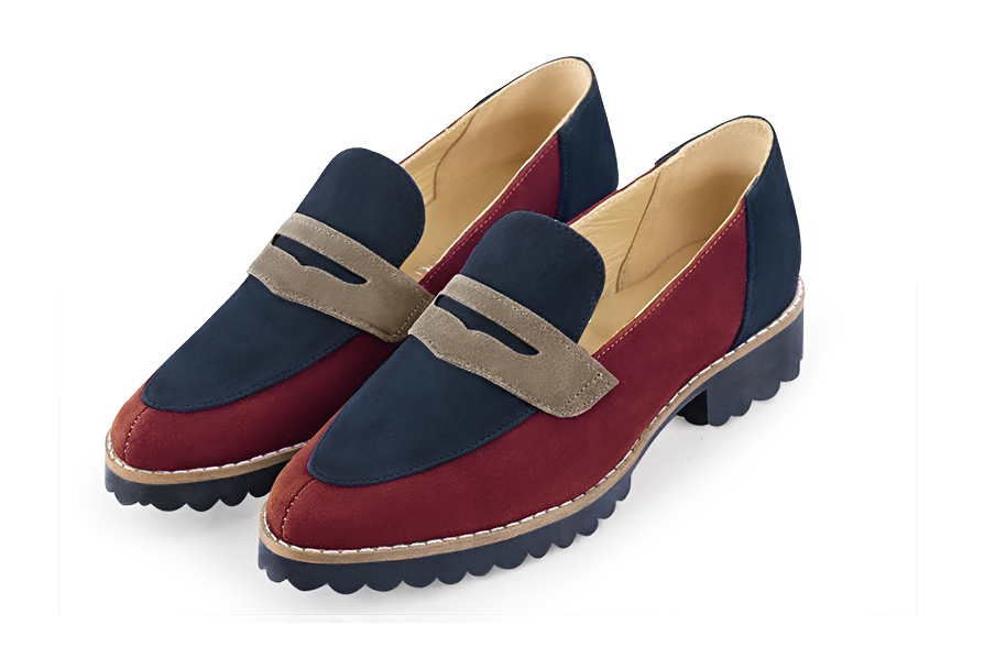 Burgundy red, navy blue and tan beige women's casual loafers. Round toe. Flat rubber soles. Front view - Florence KOOIJMAN